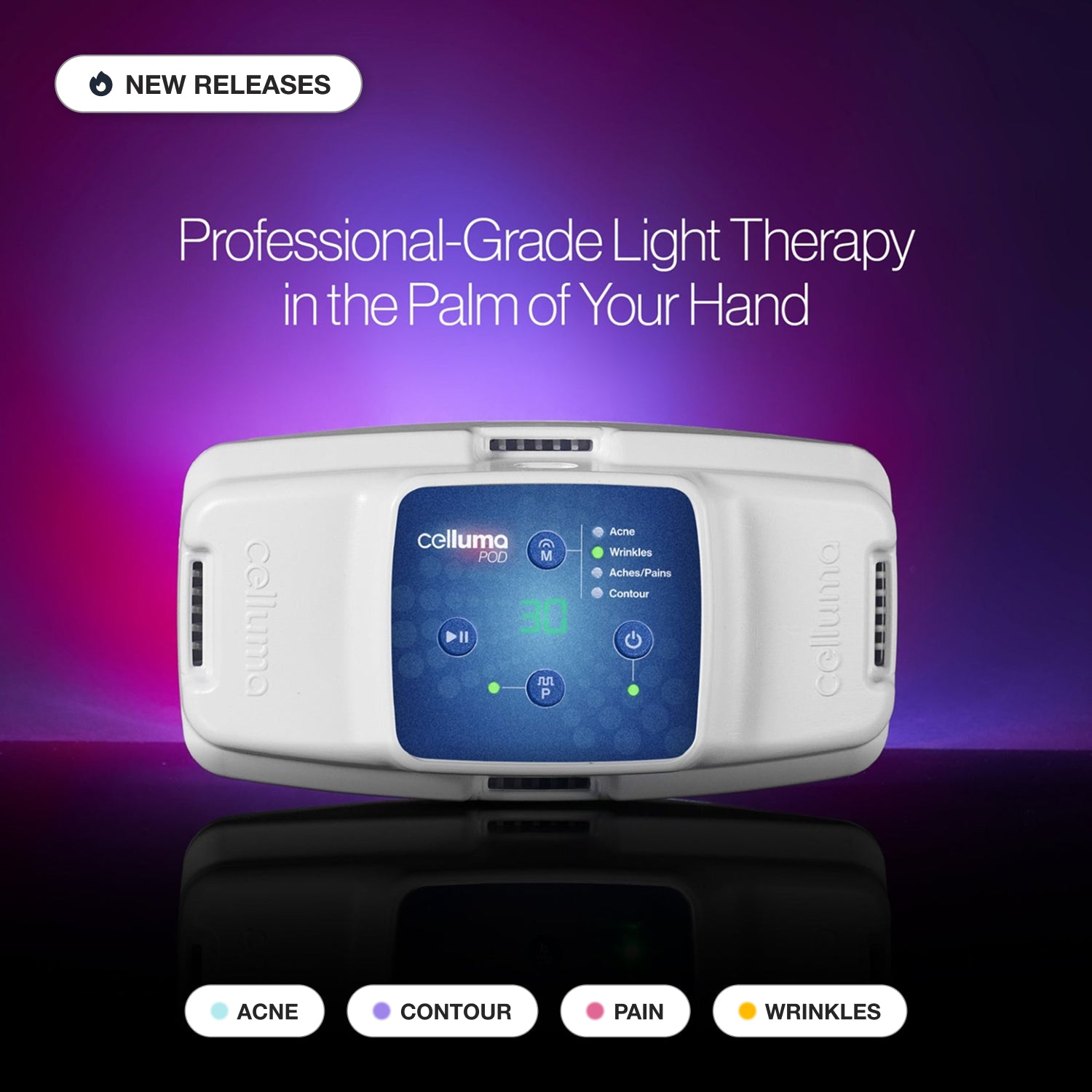 Celluma light therapy device with a purple gradient background and text about professional-grade light therapy.